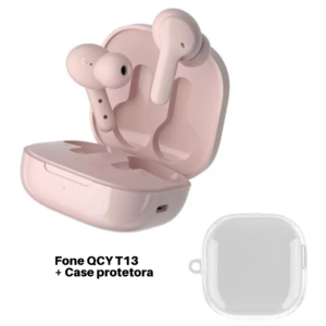 Fone QCY t13 Bluetooth - Cor rosa com case transparente